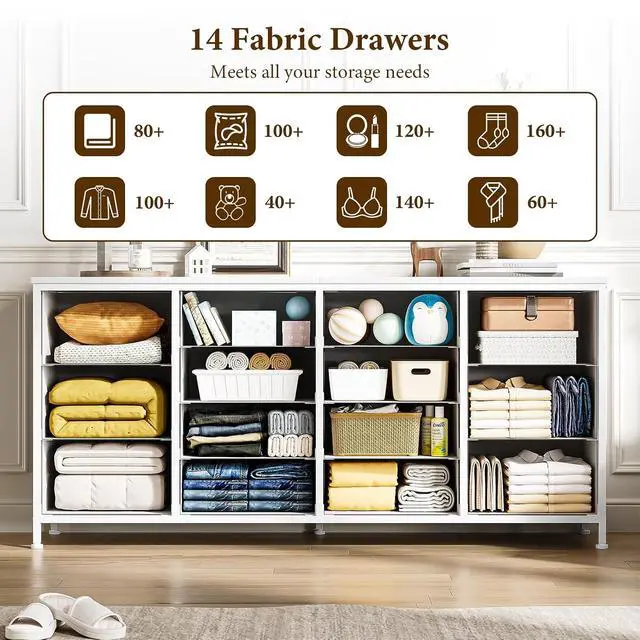 Alt view image 5 of 7 - Patikuin 63" W White Dresser TV Stand for 65 70 75 Inch TV, 14 Drawer for Bedroom with Power Outlets, Large Long Fabric Dresser Entertainment Center