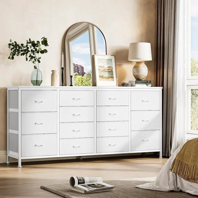 Alt view image 6 of 7 - Patikuin 63" W White Dresser TV Stand for 65 70 75 Inch TV, 14 Drawer for Bedroom with Power Outlets, Large Long Fabric Dresser Entertainment Center