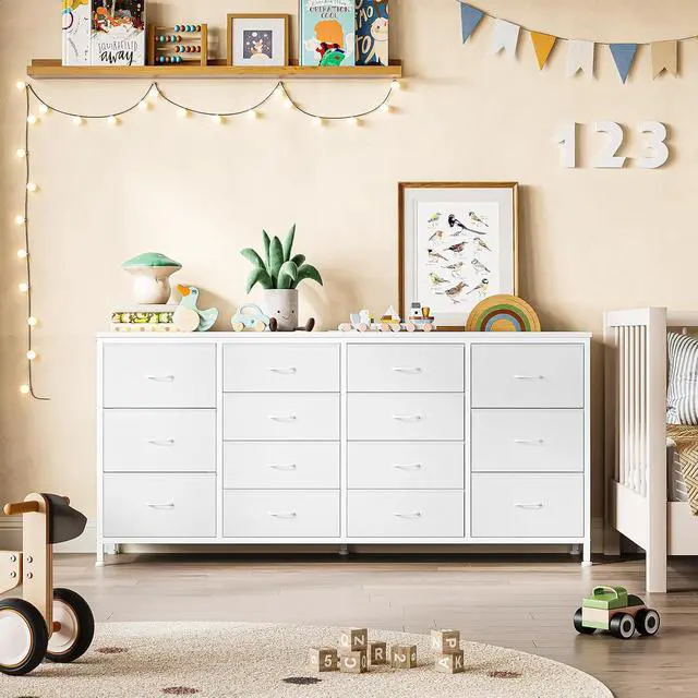 Alt view image 7 of 7 - Patikuin 63" W White Dresser TV Stand for 65 70 75 Inch TV, 14 Drawer for Bedroom with Power Outlets, Large Long Fabric Dresser Entertainment Center