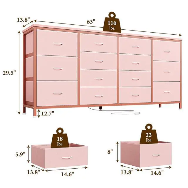 Alt view image 2 of 7 - Patikuin 63" W Dresser Tv Stand for 65 70 75 Inch Tv, 14 Drawer for Bedroom with Power Outlets, Large Long Fabric Dresser Entertainment Center