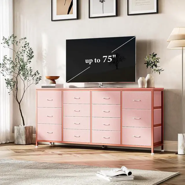 Alt view image 3 of 7 - Patikuin 63" W Dresser Tv Stand for 65 70 75 Inch Tv, 14 Drawer for Bedroom with Power Outlets, Large Long Fabric Dresser Entertainment Center