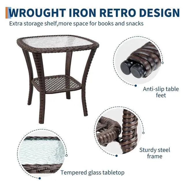 Alt view image 4 of 7 - Patikuin 3-Piece Outdoor Wicker Glider Chair Set, 360° Swivel Rocking Patio Chairs with 4" Thick Cushions & Tempered Glass Coffee Table, Bistro Furniture for Porch, Deck, Balcony