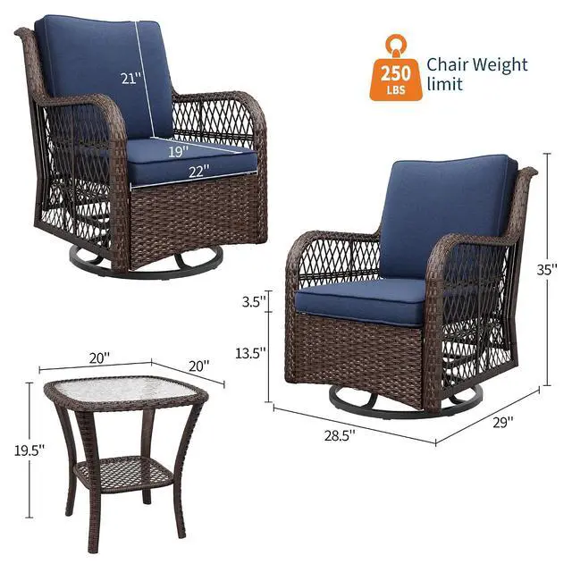 Alt view image 6 of 7 - Patikuin 3-Piece Outdoor Wicker Glider Chair Set, 360° Swivel Rocking Patio Chairs with 4" Thick Cushions & Tempered Glass Coffee Table, Bistro Furniture for Porch, Deck, Balcony