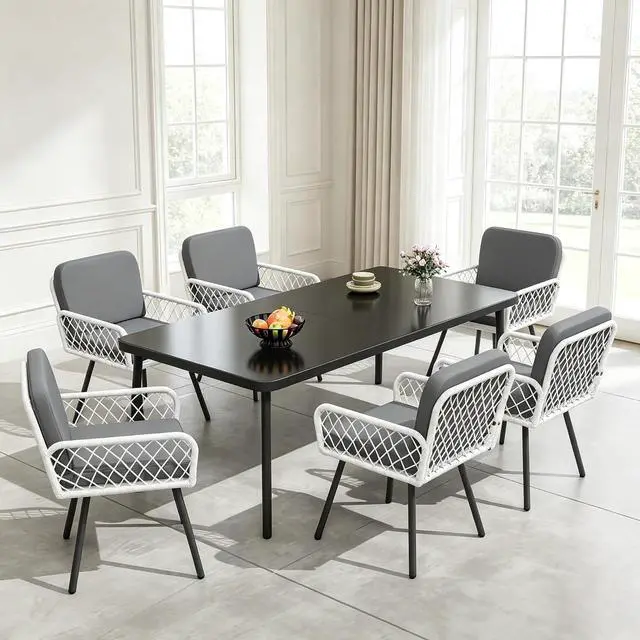 Main image of Patikuin 7-Piece Outdoor Dining Set, 59" Tempered Glass Table with Metal Frame & 6 PE Rattan Chairs, Patio Furniture with Cushions for Backyard, Garden, Poolside