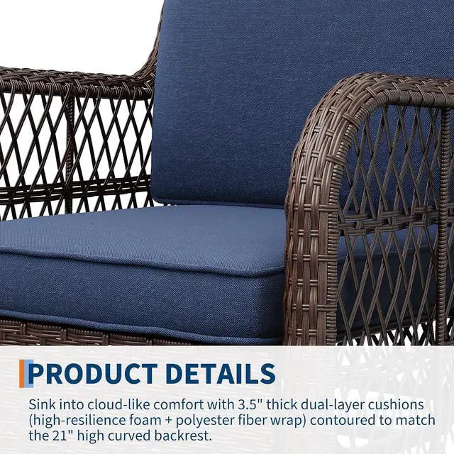 Alt view image 5 of 7 - Patikuin 3-Piece Outdoor Wicker Glider Chair Set, 360° Swivel Rocking Patio Chairs with 4" Thick Cushions & Tempered Glass Coffee Table, Bistro Furniture for Porch, Deck, Balcony