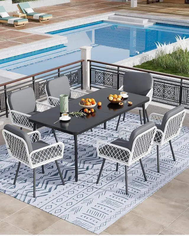 Alt view image 3 of 7 - Patikuin 7-Piece Outdoor Dining Set, 59" Tempered Glass Table with Metal Frame & 6 PE Rattan Chairs, Patio Furniture with Cushions for Backyard, Garden, Poolside