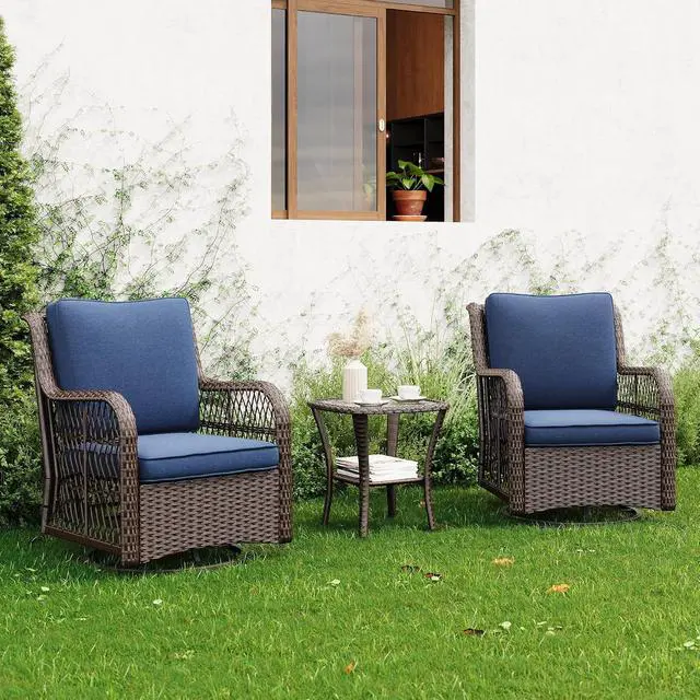 Alt view image 7 of 7 - Patikuin 3-Piece Outdoor Wicker Glider Chair Set, 360° Swivel Rocking Patio Chairs with 4" Thick Cushions & Tempered Glass Coffee Table, Bistro Furniture for Porch, Deck, Balcony