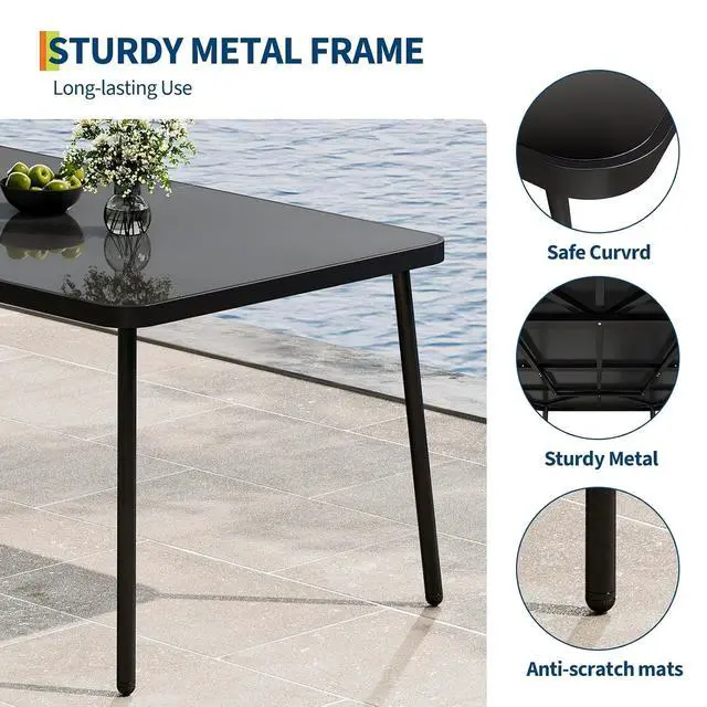 Alt view image 5 of 7 - Patikuin 7-Piece Outdoor Dining Set, 59" Tempered Glass Table with Metal Frame & 6 PE Rattan Chairs, Patio Furniture with Cushions for Backyard, Garden, Poolside