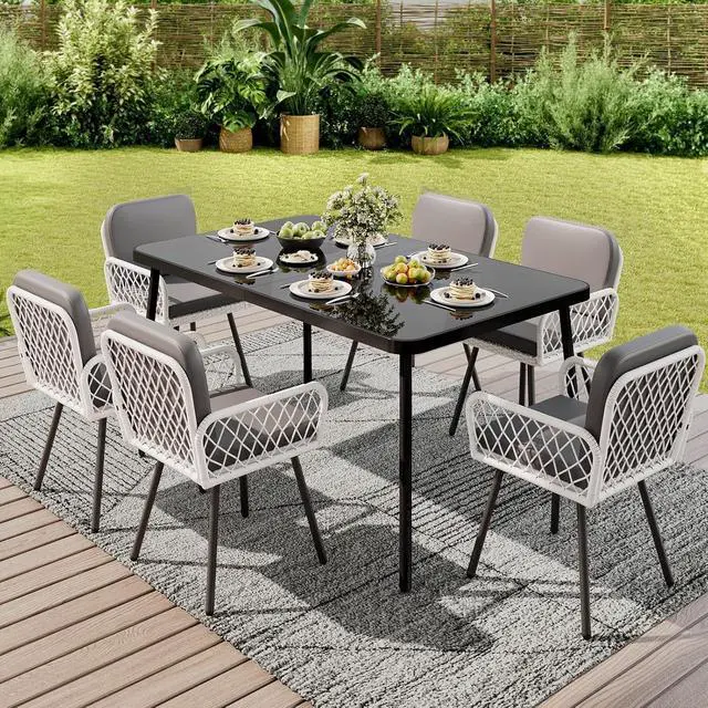 Alt view image 2 of 7 - Patikuin 7-Piece Outdoor Dining Set, 59" Tempered Glass Table with Metal Frame & 6 PE Rattan Chairs, Patio Furniture with Cushions for Backyard, Garden, Poolside