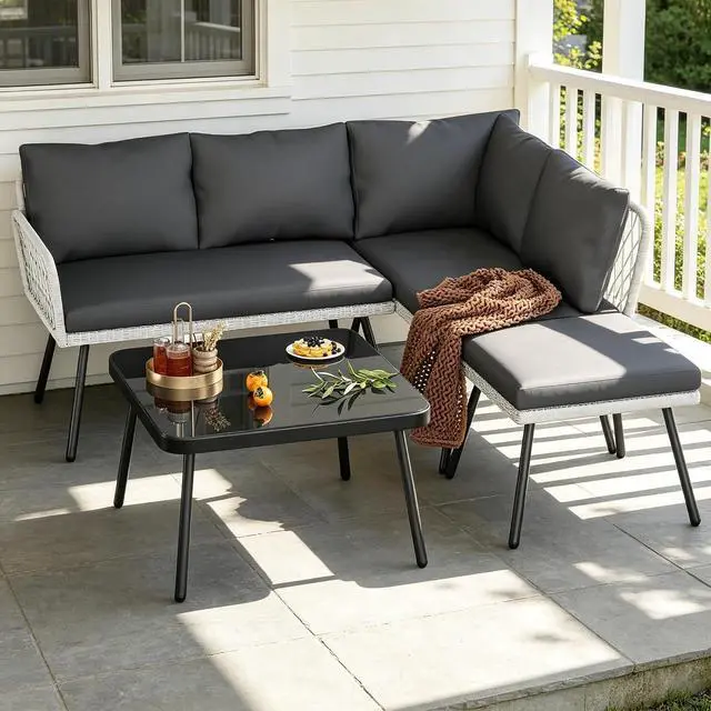 Main image of Patikuin 4-Piece L-Shaped Wicker Outdoor Furniture Set, Patio Sectional Sofa with Handmade Rattan, Metal Frame, Coffee Table & Ottoman, Grey Cushions