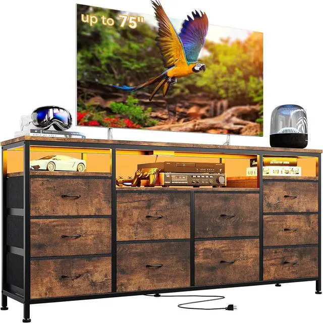 Main image of Patikuin 10 Drawer Dresser TV Stand for 65 70 75 Inch TV, 63" W Long Fabric Entertainment Center, Chest of Drawers Dresser for Bedroom with Led Lights & Power Outlets