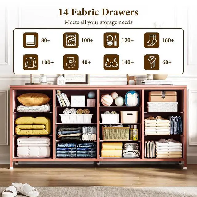 Alt view image 5 of 7 - Patikuin 63" W Dresser Tv Stand for 65 70 75 Inch Tv, 14 Drawer for Bedroom with Power Outlets, Large Long Fabric Dresser Entertainment Center