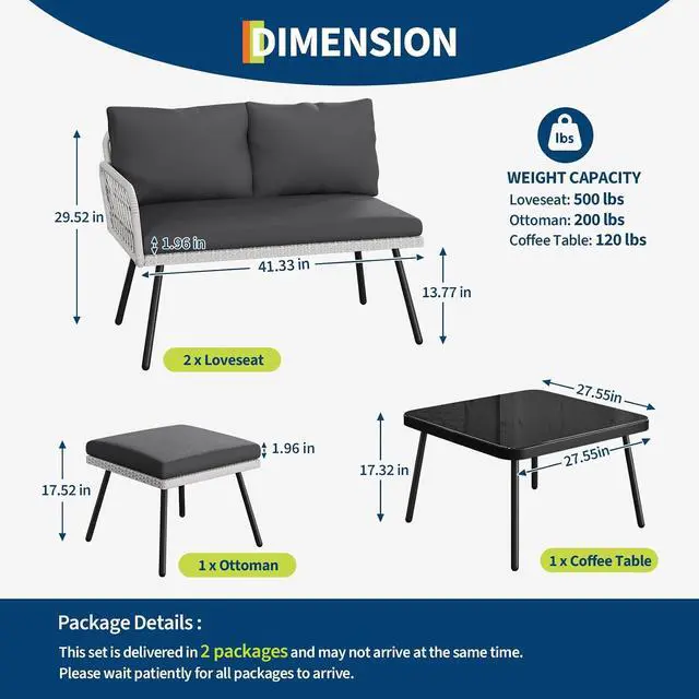 Alt view image 2 of 7 - Patikuin 4-Piece L-Shaped Wicker Outdoor Furniture Set, Patio Sectional Sofa with Handmade Rattan, Metal Frame, Coffee Table & Ottoman, Grey Cushions