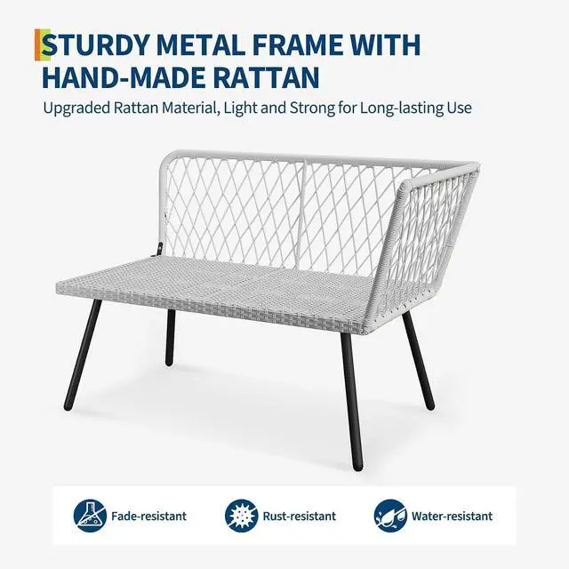 Alt view image 6 of 7 - Patikuin 4-Piece L-Shaped Wicker Outdoor Furniture Set, Patio Sectional Sofa with Handmade Rattan, Metal Frame, Coffee Table & Ottoman, Grey Cushions