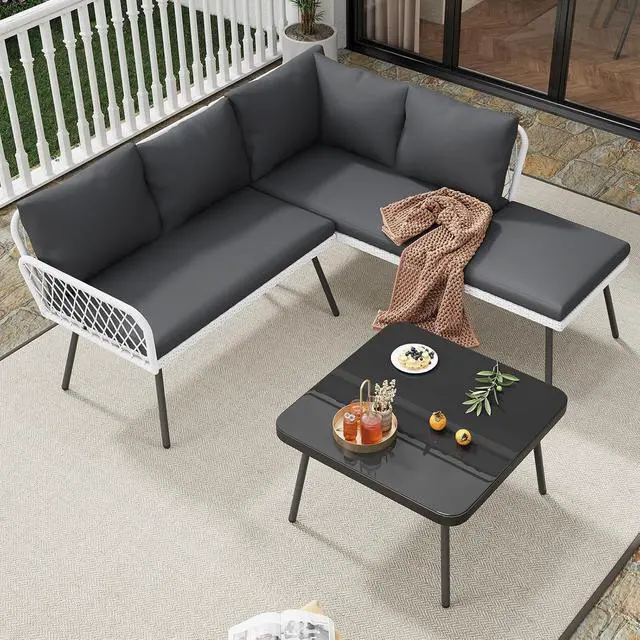 Alt view image 3 of 7 - Patikuin 4-Piece L-Shaped Wicker Outdoor Furniture Set, Patio Sectional Sofa with Handmade Rattan, Metal Frame, Coffee Table & Ottoman, Grey Cushions