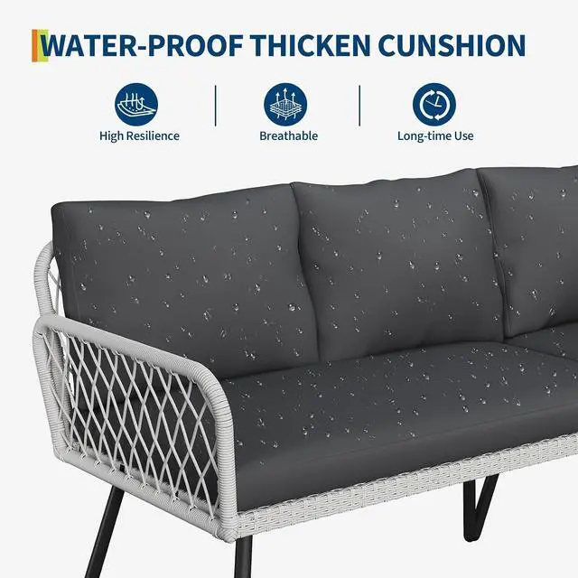Alt view image 5 of 7 - Patikuin 4-Piece L-Shaped Wicker Outdoor Furniture Set, Patio Sectional Sofa with Handmade Rattan, Metal Frame, Coffee Table & Ottoman, Grey Cushions