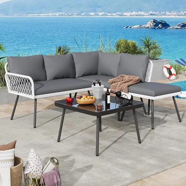 Alt view image 4 of 7 - Patikuin 4-Piece L-Shaped Wicker Outdoor Furniture Set, Patio Sectional Sofa with Handmade Rattan, Metal Frame, Coffee Table & Ottoman, Grey Cushions