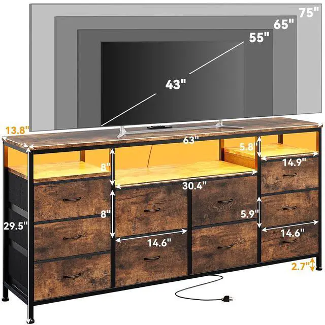 Alt view image 3 of 7 - Patikuin 10 Drawer Dresser TV Stand for 65 70 75 Inch TV, 63" W Long Fabric Entertainment Center, Chest of Drawers Dresser for Bedroom with Led Lights & Power Outlets