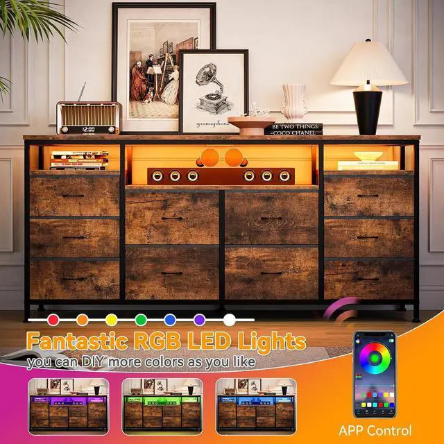Alt view image 5 of 7 - Patikuin 10 Drawer Dresser TV Stand for 65 70 75 Inch TV, 63" W Long Fabric Entertainment Center, Chest of Drawers Dresser for Bedroom with Led Lights & Power Outlets