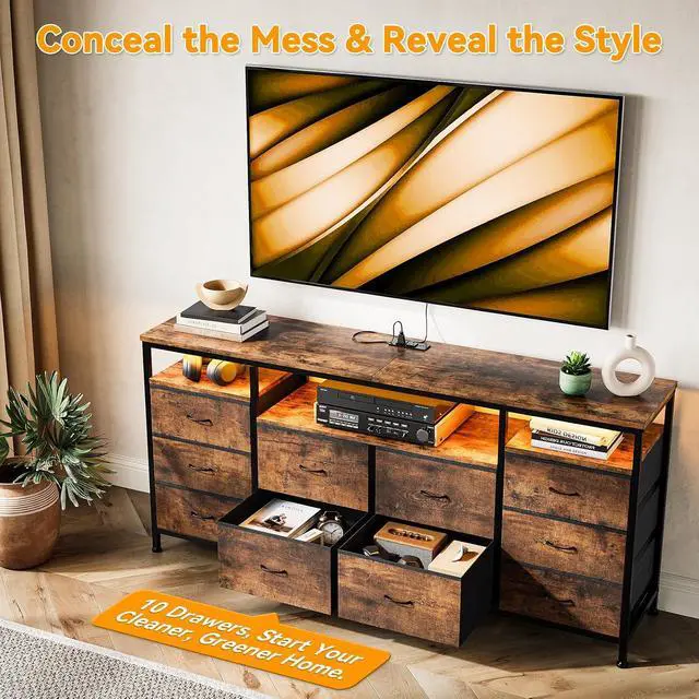 Alt view image 6 of 7 - Patikuin 10 Drawer Dresser TV Stand for 65 70 75 Inch TV, 63" W Long Fabric Entertainment Center, Chest of Drawers Dresser for Bedroom with Led Lights & Power Outlets