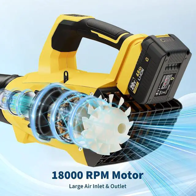 Alt view image 3 of 7 - Patikuin High Power Brushless Leaf Blower 20V Wireless - 700CFM 250MPH - Lightweight Electric Handheld with 4.0Ah Battery & Fast Charger - 2-Speed Modes for Lawn, Yard, Patio, Garage - Black + Yellow