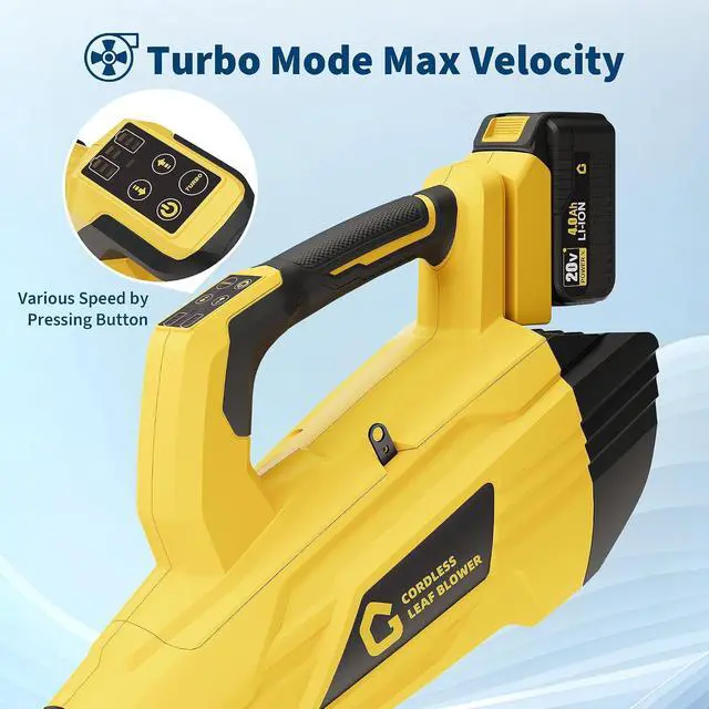 Alt view image 4 of 7 - Patikuin High Power Brushless Leaf Blower 20V Wireless - 700CFM 250MPH - Lightweight Electric Handheld with 4.0Ah Battery & Fast Charger - 2-Speed Modes for Lawn, Yard, Patio, Garage - Black + Yellow