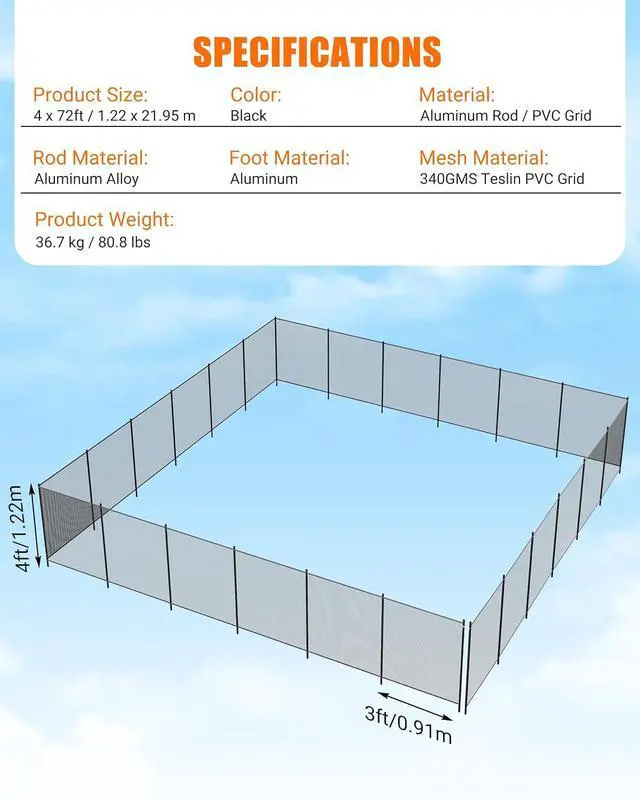 Alt view image 7 of 7 - Patikuin 4x72 FT Removable Pool Safety Fence, 4 FT Tall Mesh Pool Barrier, Extra-Long Safety Fence for Large Inground Pools