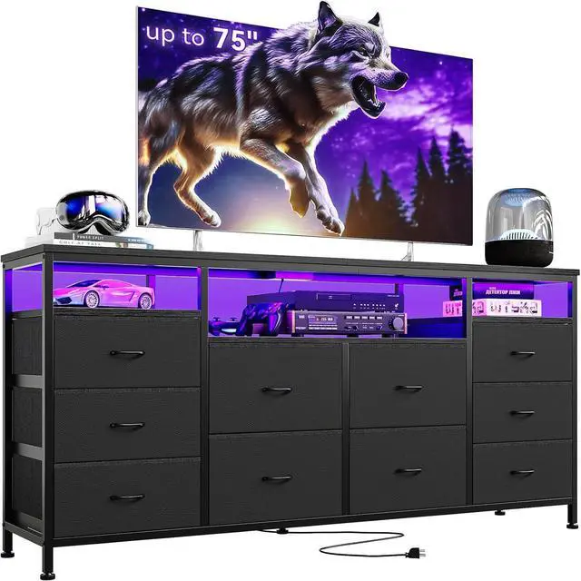 Main image of Patikuin 10 Drawer Dresser TV Stand for 65 70 75 Inch Tv, 63" W Long Fabric Dresser Entertainment Center, Chest of Drawers for Bedroom with Led Lights & Power Outlets