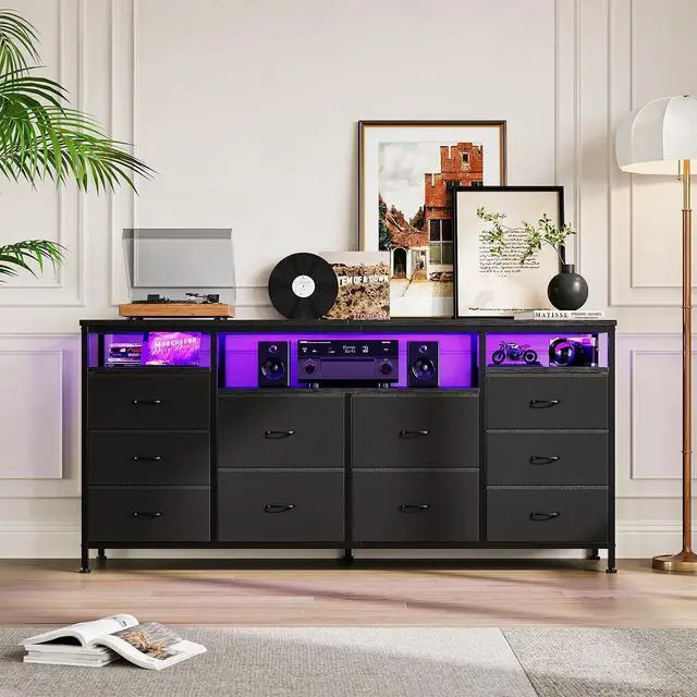 Alt view image 2 of 7 - Patikuin 10 Drawer Dresser TV Stand for 65 70 75 Inch Tv, 63" W Long Fabric Dresser Entertainment Center, Chest of Drawers for Bedroom with Led Lights & Power Outlets
