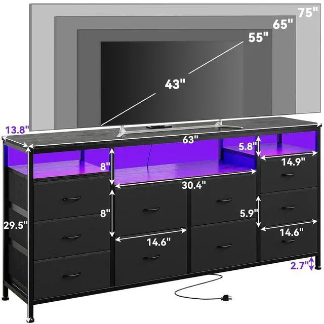Alt view image 3 of 7 - Patikuin 10 Drawer Dresser TV Stand for 65 70 75 Inch Tv, 63" W Long Fabric Dresser Entertainment Center, Chest of Drawers for Bedroom with Led Lights & Power Outlets