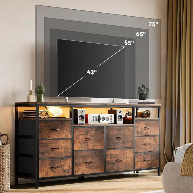 Alt view image 7 of 7 - Patikuin 10 Drawer Dresser TV Stand for 65 70 75 Inch TV, 63" W Long Fabric Entertainment Center, Chest of Drawers Dresser for Bedroom with Led Lights & Power Outlets
