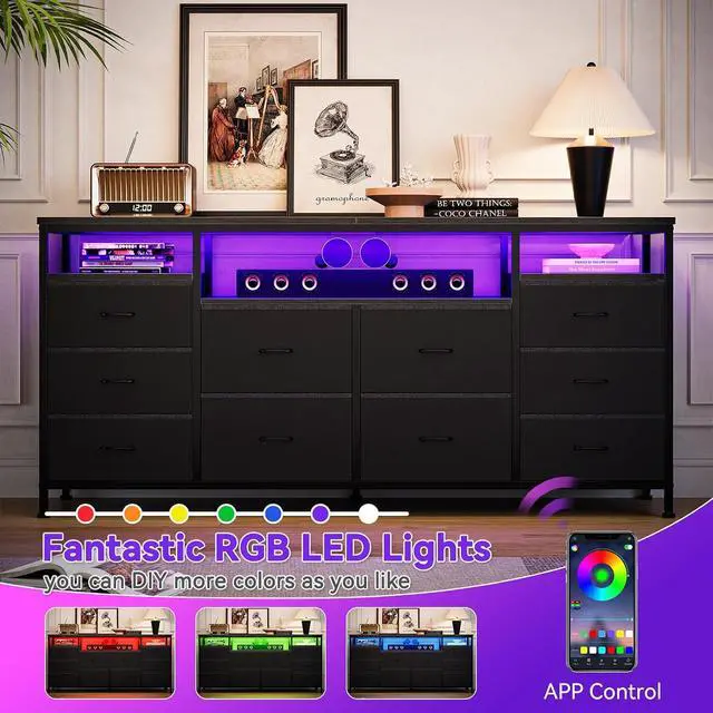 Alt view image 5 of 7 - Patikuin 10 Drawer Dresser TV Stand for 65 70 75 Inch Tv, 63" W Long Fabric Dresser Entertainment Center, Chest of Drawers for Bedroom with Led Lights & Power Outlets
