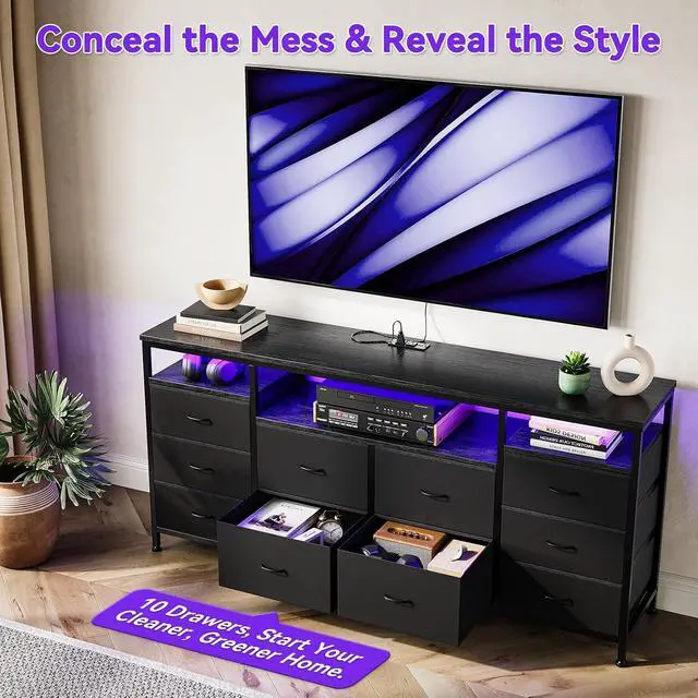 Alt view image 6 of 7 - Patikuin 10 Drawer Dresser TV Stand for 65 70 75 Inch Tv, 63" W Long Fabric Dresser Entertainment Center, Chest of Drawers for Bedroom with Led Lights & Power Outlets