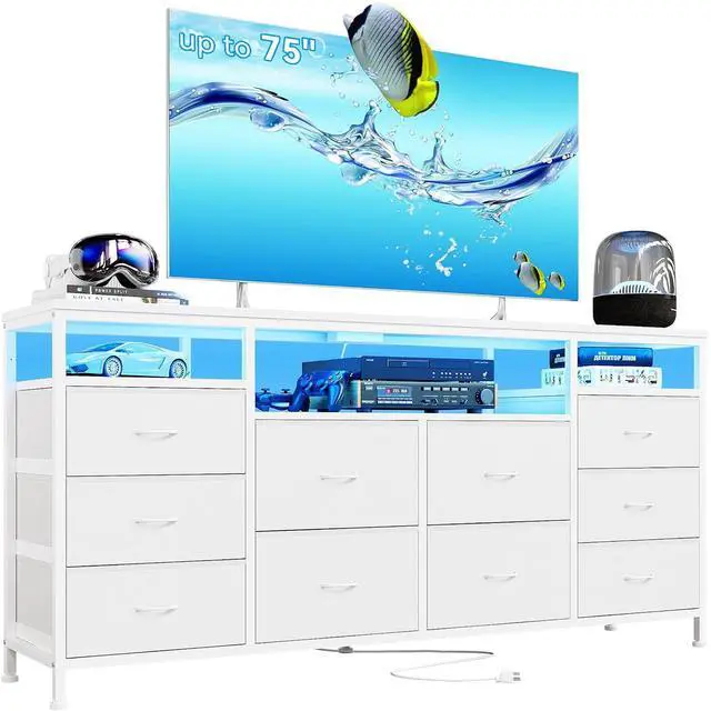 Main image of Patikuin 10 Drawer Dresser TV Stand for 65 70 75 Inch Tv, 63" W Entertainment Center, Long Fabric Chest of Drawers Dresser for Bedroom with Led Lights & Power Outlets