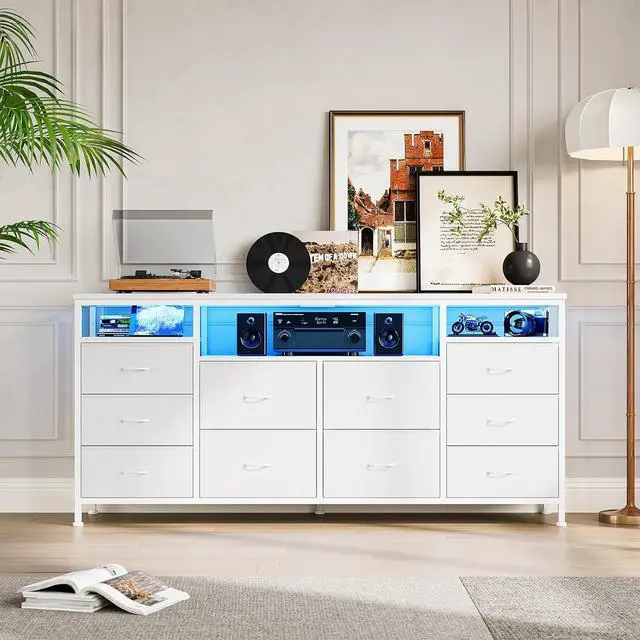 Alt view image 2 of 7 - Patikuin 10 Drawer Dresser TV Stand for 65 70 75 Inch Tv, 63" W Entertainment Center, Long Fabric Chest of Drawers Dresser for Bedroom with Led Lights & Power Outlets