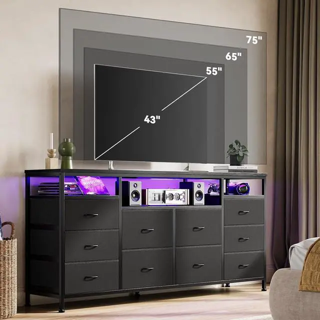 Alt view image 7 of 7 - Patikuin 10 Drawer Dresser TV Stand for 65 70 75 Inch Tv, 63" W Long Fabric Dresser Entertainment Center, Chest of Drawers for Bedroom with Led Lights & Power Outlets