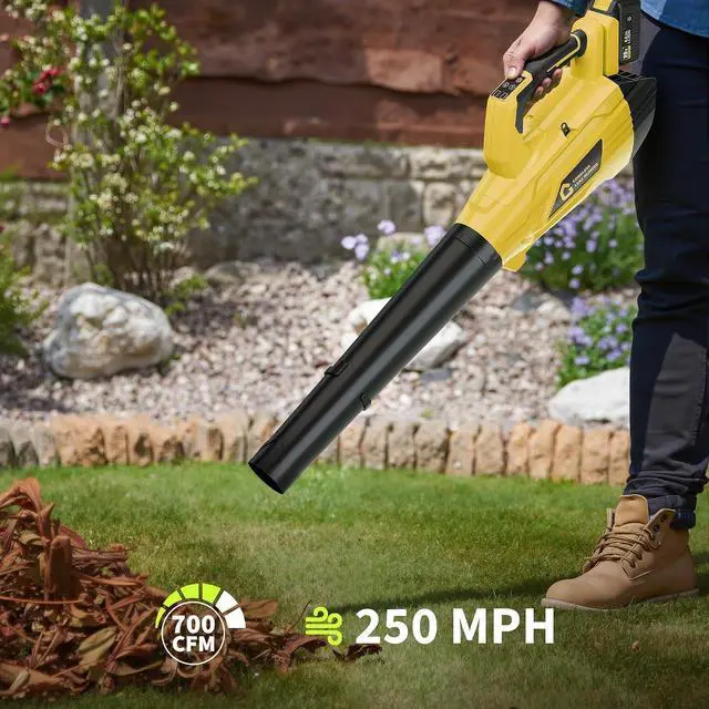 Alt view image 6 of 7 - Patikuin High Power Brushless Leaf Blower 20V Wireless - 700CFM 250MPH - Lightweight Electric Handheld with 4.0Ah Battery & Fast Charger - 2-Speed Modes for Lawn, Yard, Patio, Garage - Black + Yellow