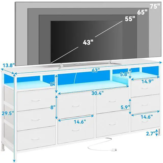 Alt view image 3 of 7 - Patikuin 10 Drawer Dresser TV Stand for 65 70 75 Inch Tv, 63" W Entertainment Center, Long Fabric Chest of Drawers Dresser for Bedroom with Led Lights & Power Outlets