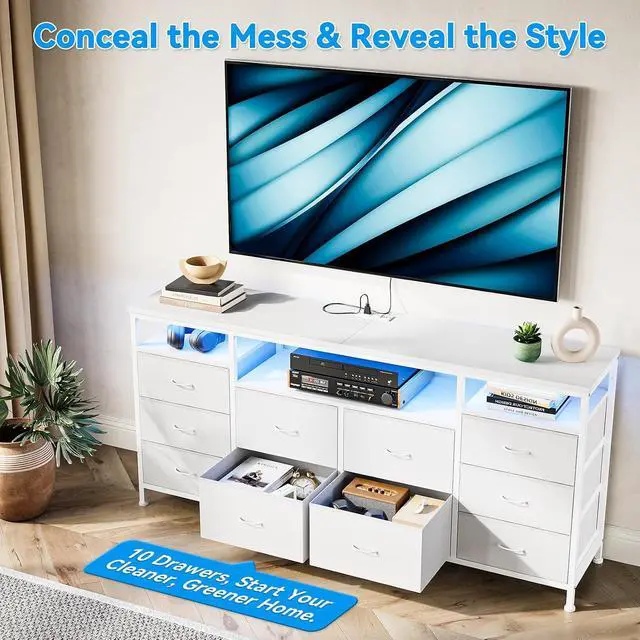 Alt view image 6 of 7 - Patikuin 10 Drawer Dresser TV Stand for 65 70 75 Inch Tv, 63" W Entertainment Center, Long Fabric Chest of Drawers Dresser for Bedroom with Led Lights & Power Outlets