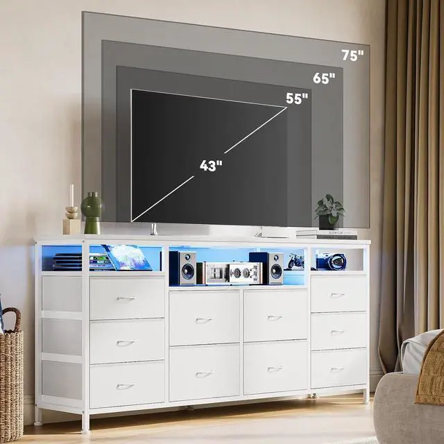 Alt view image 7 of 7 - Patikuin 10 Drawer Dresser TV Stand for 65 70 75 Inch Tv, 63" W Entertainment Center, Long Fabric Chest of Drawers Dresser for Bedroom with Led Lights & Power Outlets