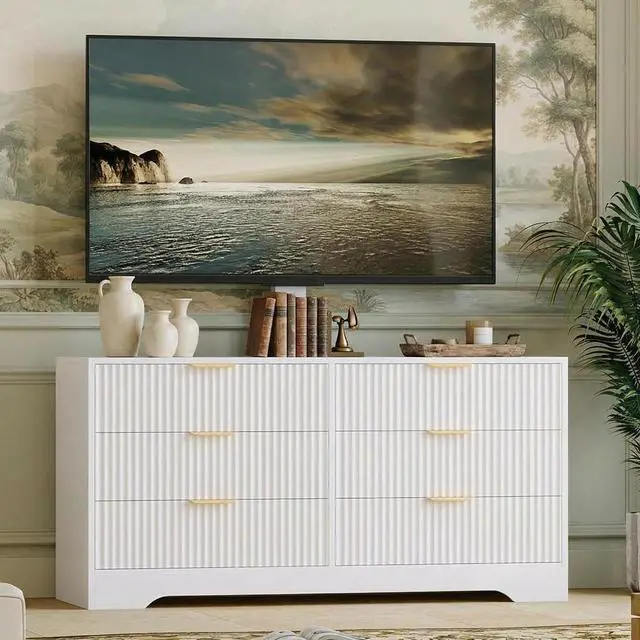 Alt view image 6 of 7 - Patikuin Tall TV Stand with Mount for TVs Up to 75 Inch, 6-Drawer Entertainment Center with Fluted Panel Design, Wall Mountable & Freestanding Media Console for Living Room, Bedroom, White
