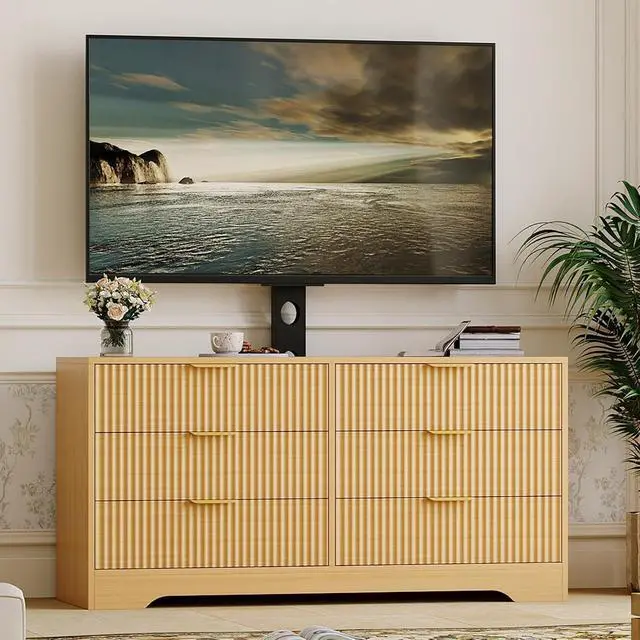 Alt view image 6 of 7 - Patikuin Tall TV Stand with Mount for TVs Up to 75 Inch, 6-Drawer Entertainment Center with Fluted Panel Design, Wall Mountable & Freestanding Media Console for Living Room, Bedroom, Nature