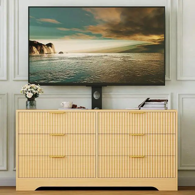 Alt view image 7 of 7 - Patikuin Tall TV Stand with Mount for TVs Up to 75 Inch, 6-Drawer Entertainment Center with Fluted Panel Design, Wall Mountable & Freestanding Media Console for Living Room, Bedroom, Nature