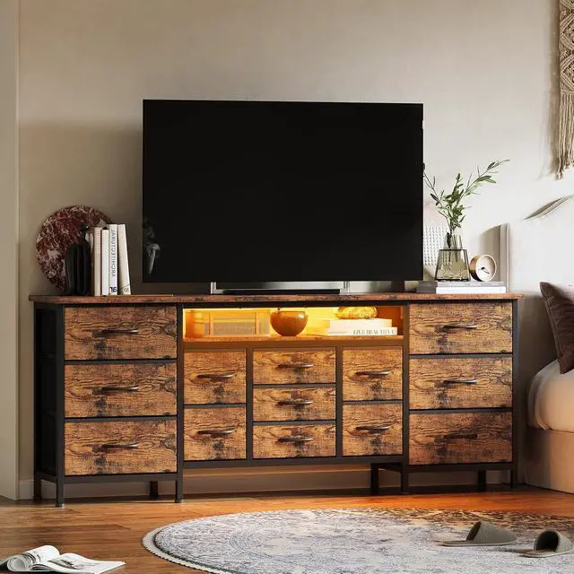 Alt view image 2 of 7 - Patikuin 70 Inch Long Dresser TV Stand for 65, 75, 80 Inch TV, Wide 13 Chest of Fabric Drawers Dresser & Power Outlets and LED Lights, Large Entertainment Center for Bedroom