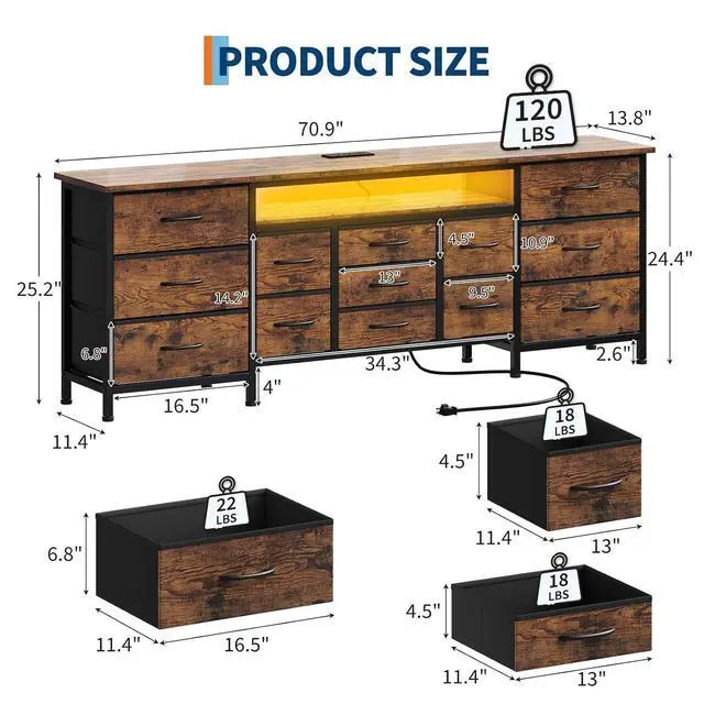 Alt view image 3 of 7 - Patikuin 70 Inch Long Dresser TV Stand for 65, 75, 80 Inch TV, Wide 13 Chest of Fabric Drawers Dresser & Power Outlets and LED Lights, Large Entertainment Center for Bedroom