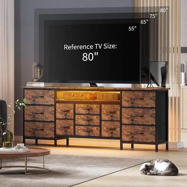 Alt view image 4 of 7 - Patikuin 70 Inch Long Dresser TV Stand for 65, 75, 80 Inch TV, Wide 13 Chest of Fabric Drawers Dresser & Power Outlets and LED Lights, Large Entertainment Center for Bedroom