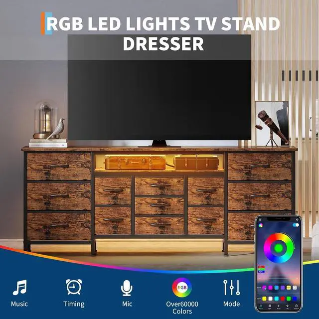 Alt view image 5 of 7 - Patikuin 70 Inch Long Dresser TV Stand for 65, 75, 80 Inch TV, Wide 13 Chest of Fabric Drawers Dresser & Power Outlets and LED Lights, Large Entertainment Center for Bedroom