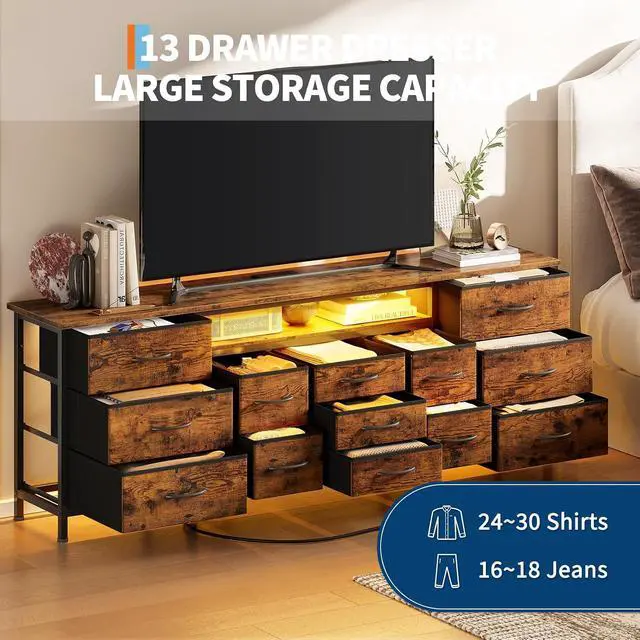 Alt view image 6 of 7 - Patikuin 70 Inch Long Dresser TV Stand for 65, 75, 80 Inch TV, Wide 13 Chest of Fabric Drawers Dresser & Power Outlets and LED Lights, Large Entertainment Center for Bedroom