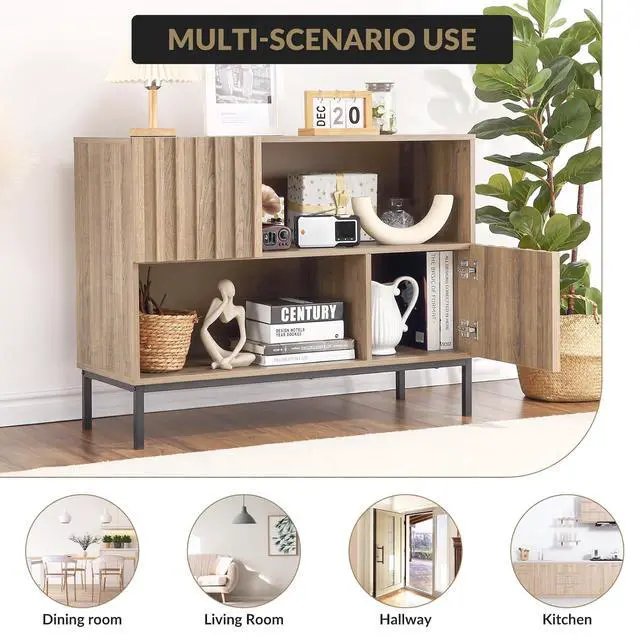 Alt view image 4 of 7 - Patikuin 40 Inch Mid-Century Modern TV Stand, Fluted Storage Cabinet with Doors & Cable Management, Entertainment Center for Living Room Bedroom, Oak Finish