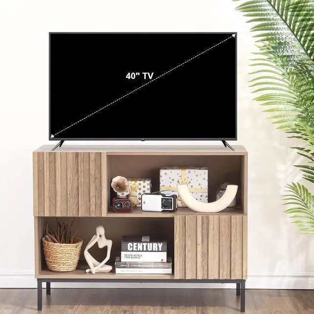 Alt view image 6 of 7 - Patikuin 40 Inch Mid-Century Modern TV Stand, Fluted Storage Cabinet with Doors & Cable Management, Entertainment Center for Living Room Bedroom, Oak Finish